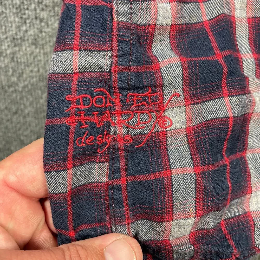 Ed Hardy Casual Button Up Shirt Men's Large Blue/Red Plaid Flip Cuff Outdoors